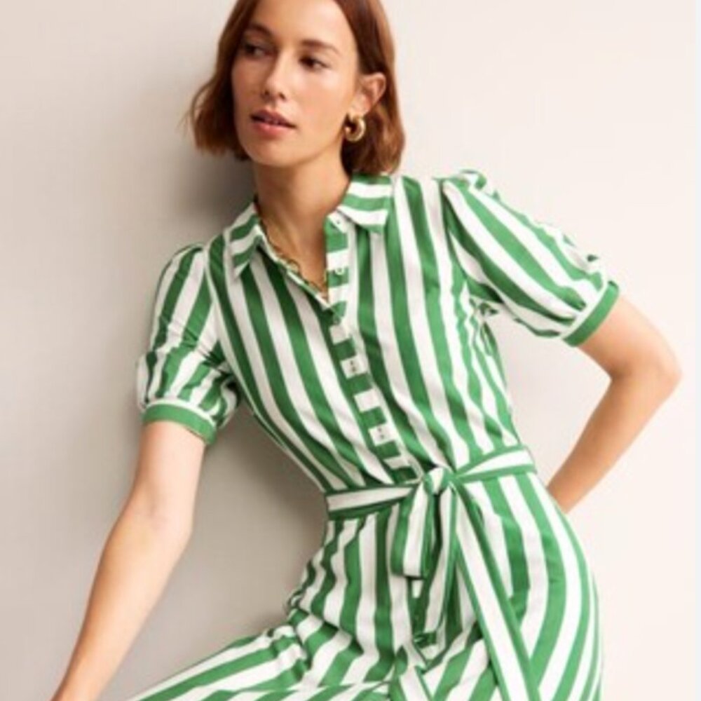 Libby Jersey Midi Shirt Dress, Green, Ivory Stripe
